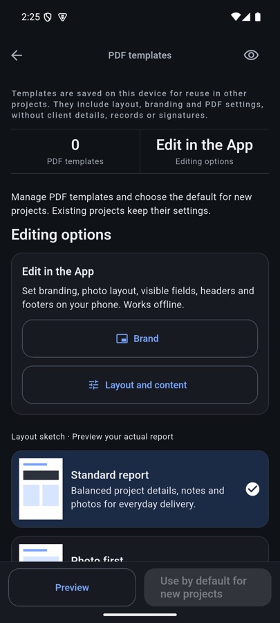 Offline PDF template settings