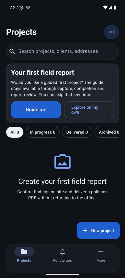Field Report Free projects screen on Android