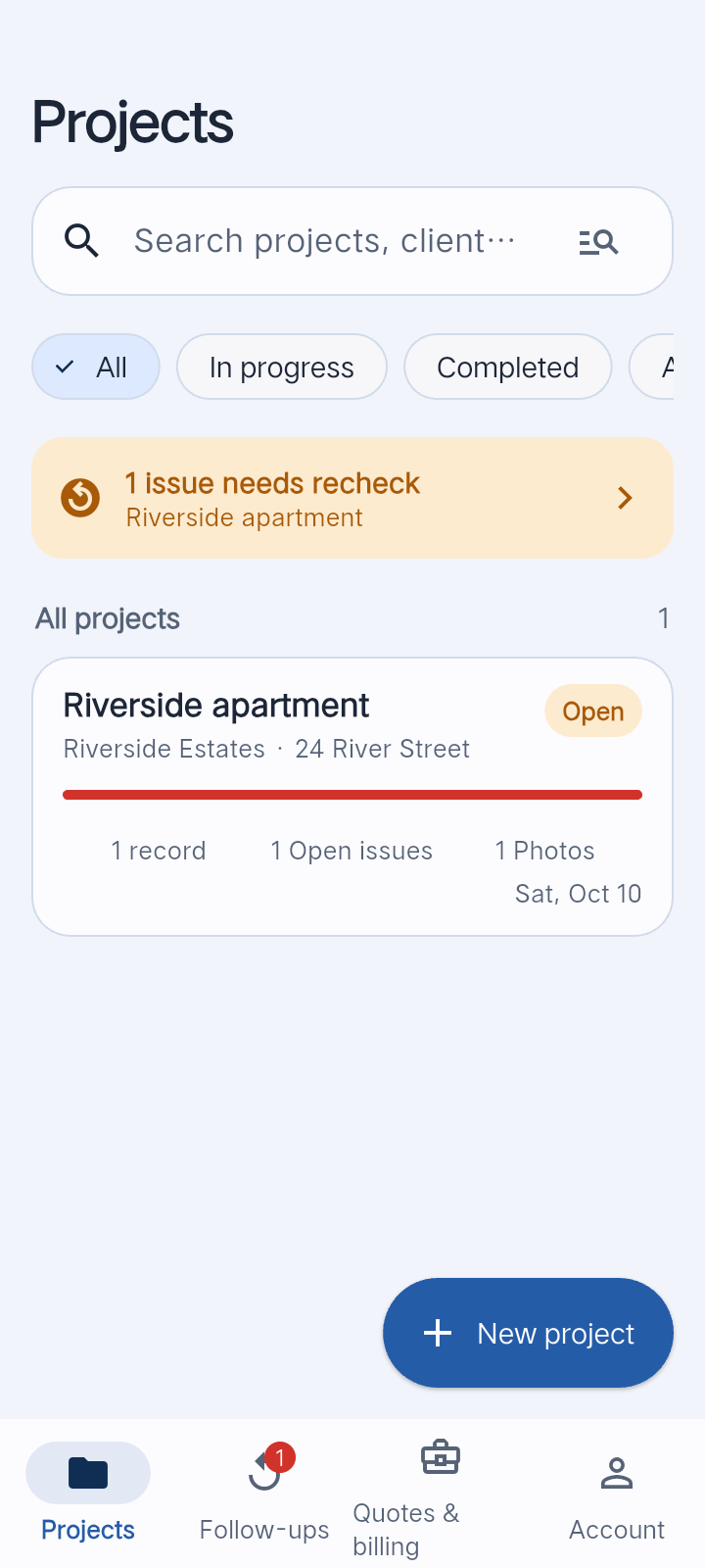Start here: tap New project.