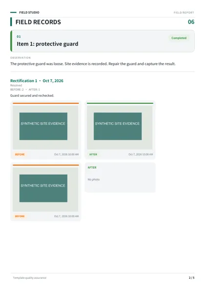 Example PDF showing issue photos and rectification evidence
